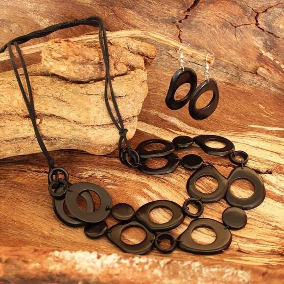 Bold Black Bib Necklace with Beaded Tagua Nut Cascades and Sliding Knot - Picture 2 of 7